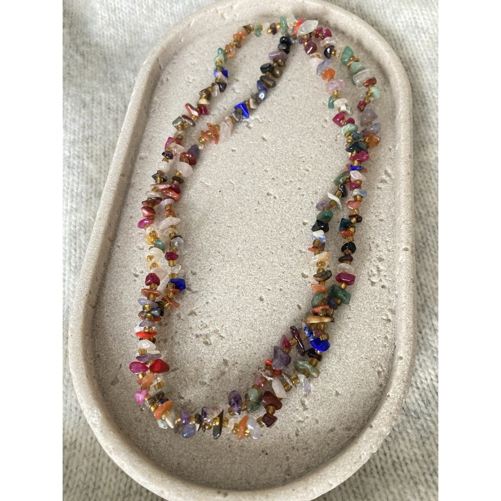 Multicolor Gemstone Chip Bead Necklace Gold Tone Spacer Boho Layering Rainbow